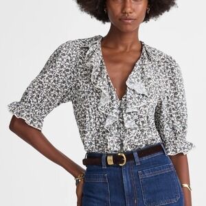 Madewell Vintage Ivory Ditsy Floral Pintuck Ruffle V-Neck Puff Sleeve Top Size M